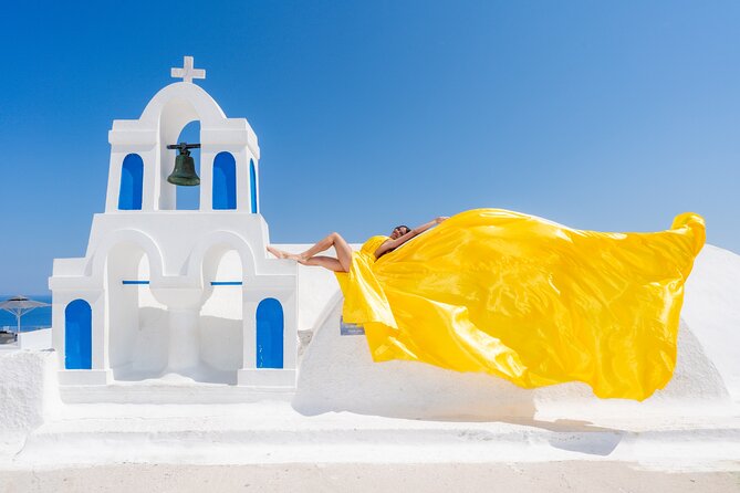 Flying Dress Experience -Private Santorini Photoshoot - Meeting at EpilektonPlatsani church: keeping logistics easy