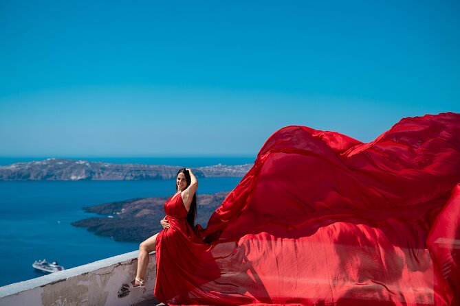 Flying Dress Photoshoot in Oia Private entry to Blue Dome - The Flying Dress moment: how you get that wind effect