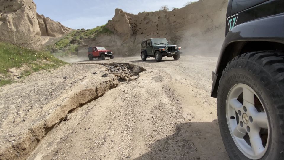 From Fira: Santorini Wrangler Jeep Convoy Tour & Villages - Pyrgos down to Megalochori: the first off-road hit