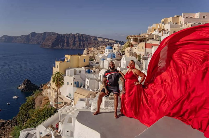 Santorini: Flying Dress Photoshoot Private Entry to Blue Dom - Flying Dress Photoshoot With Private Blue Domes Access