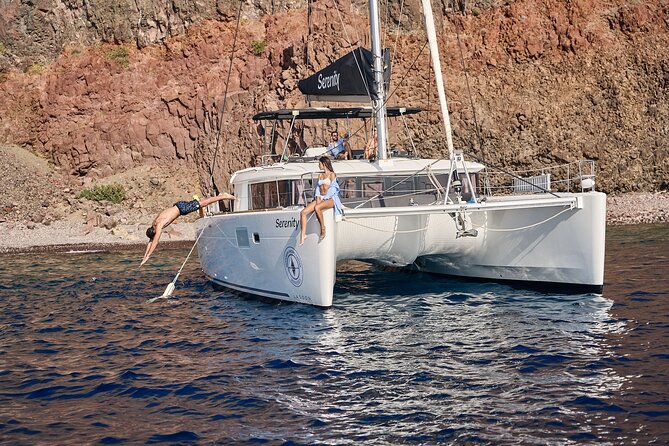Santorini: Luxury Catamaran Cruise with Fresh Fish BBQ & Drinks - Nea Kameni Island: Best Swim Window Plus the BBQ Dinner